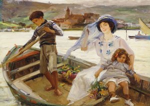 Matka a dítě jsou převezeny přes řeku s městem za hranicemi