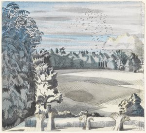 Landscape with Rooks, cca 1913-14 (černá křída a akvarel na papíře) od Paul Nash