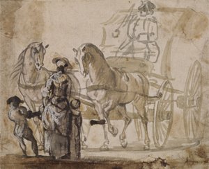 A Carriage and Pair, with Coachman (šedá a hnědá barva zvýrazněná bílou na papíře) od Paul Sandby