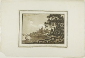 Hrad Benton Pohled dolů po Reachu na Milford Haven z dvanácti pohledů v Aquatintě z kreseb pořízených na místě v jižním Walesu od Paul Sandby