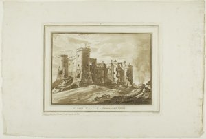 Hrad Carey v Pembroke Shire, z dvanácti pohledů v Aquatintě z kreseb pořízených na místě v jižním Walesu od Paul Sandby