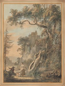 Romantická krajina - rolníci na úpatí hradu na útesu od Paul Sandby