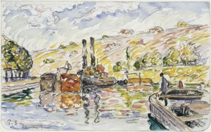 Říční krajina s vlečnými čluny a pramicemi od Paul Signac