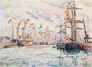 Plachetnice s prázdninovými vlajkami na molu v Saint-Malo, 20. léta 20. století. od Paul Signac