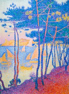 plachetnice a borovice, c. 1896 (olej na plátně) od Paul Signac