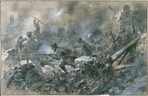 První světová válka (1914-1918): „“ Protiútok ve vesnici Vaux v roce 1916 na frontě Verdun“““ Akvarel Paula Thiriata Paris. Musee, Des deux guerre mondiale DR - francouzský protiútok u vesnice Vaux u Verdunu od Paul Thiriat