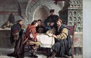 Martin Luther v rozhovoru se studenty v Gasthof der Baren, Jena, Německo, březen 1522