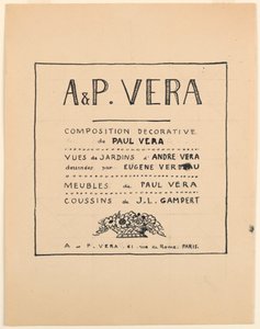 Kresba, titulní strana, A & P Vera, dekorativní kompozice Paul Vera / Pohledy do zahrad André Věry nakreslil Eugène Verdeau / Nábytek Paul Vera / Polštáře od J. L. Gamperta, 1912–19 od Paul Vera