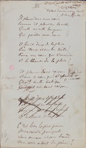 "V mém srdci pláče, jak prší na město...", rukopisná báseň z "Romances Sans Paroles", 1873 (pero a tuš na papíře)