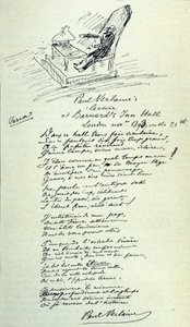 Báseň znak francouzského básníka Paula Verlainea (1844-1896) s náčrtem představitele při čtení. 21. 11. 1893
