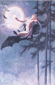 Na hřbetě netopýra létám, ilustrace z Bouře, 1908