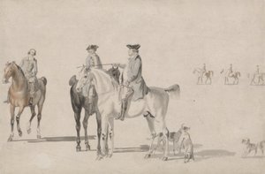 Vévoda z Cumberlandu s gentlemanem a ženichem, všichni na koni a se psy (tužka a akvarel na papíře) od Paul and Thomas  Sandby