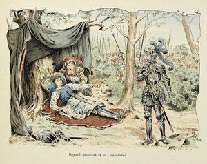Ilustrace převzatá z knihy „Histoire du chevalier Bayard“ od Theodora Cahu, ilustrovaná Paulem De Semantem (1855-1915): Bayard umírající a Le Constable de Bourbon 1524 od Paul de Semant