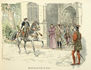 Ilustrace převzatá z knihy „Histoire du chevalier Bayard “ od Theodora Cahu, ilustrovaná Paulem De Semantem (1855-1915): Bayardův věk 11 před vévodou Savojským 1486 od Paul de Semant
