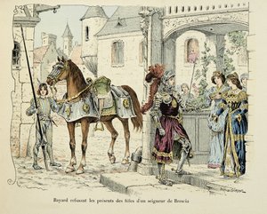 Ilustrace převzatá z knihy „Histoire du chevalier Bayard“ od Theodora Cahu, ilustrovaná Paulem De Semantem (1855-1915): Bayard odmítá dary dcer pána z Brescie 1512 od Paul de Semant
