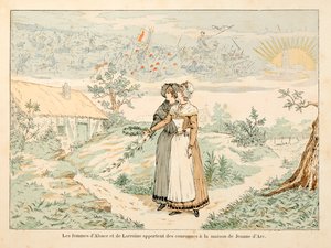 Ilustrace převzatá z knihy „“ Johanka z Arku „“ od Theodora Cahu a ilustrovaná Paulem De Semantem (1855-1915): Alegorie na památku Johanky z Arku; ženy z Alsaska a Lotrinska přinášejí koruny do domu Johanky z Arku od Paul de Semant