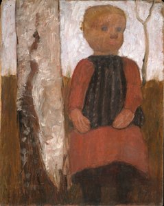 Dítě v červených šatech na kmeni břízy od Paula Modersohn-Becker
