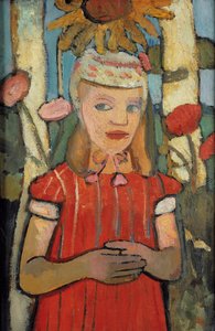 Dívka v červených šatech před slunečnice, 1907. od Paula Modersohn Becker