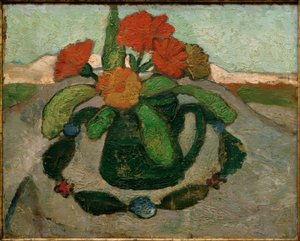 Zátiší s měsíčky před krajinou od Paula Modersohn Becker