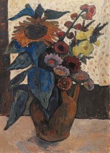 Zátiší se slunečnicemi, topolovkami a jitrocelami. 1907 od Paula Modersohn Becker