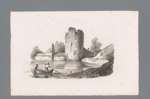Dvě postavy v lodi poblíž zříceniny Principy krajiny (název série) Principles de paysages (název série) od Paulus Lauters
