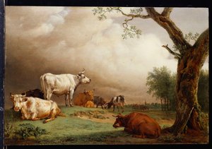 Dobytek na poli, s cestujícími ve voze na cestě za nimi a kostelní věží v dálce, blíží se dešťová bouře, 1652 od Paulus Potter