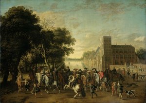 Princ Maurits v doprovodu prince Frederika Hendrika, českého krále Frederika V. a jeho manželky Alžběty Stuartovny a dalších na Buitenhofu v Haagu. od Pauwels van Hillegaert