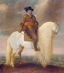 Princ Maurits na bílém válečném koni, který mu byl darován po vítězství u Nieuwpoortu od Pauwels van Hillegaert
