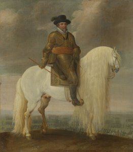Princ Mauric sedí na bílém bojovém hřebci, který mu byl darován po vítězství v bitvě u Nieuwpoortu. od Pauwels van Hillegaert