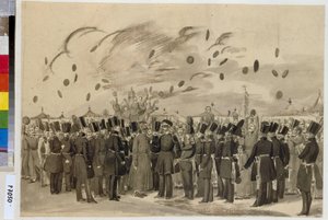 Velkokníže Michael Pavlovič (1798-1849) navštíví tábor finského císařského gardového pluku (nebo Finliandski gardového pluku), 8. července 1837. (Velkovévoda Michail Pavlovič na návštěvě tábora finského pluku Life Guard dne 8. července od Pavel Andreevich Fedotov