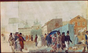 Pouliční scéna v dešti v Moskvě. Dílo Pavla Andrejeviče Fedotova (1815-1852), akvarel na papíře od Pavel Andreevich Fedotov