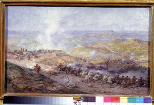 A Scene of the Russo Turkey War (1876-1878) (Scene of the Russo Turkey War). Bojiště na Balkáně, kde se střetli vojáci ruské armády a Osmanské říše při obléhání Plevenu (nebo Plevny v Bulharsku) v roce 1877. Obraz