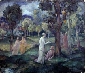 Procházka po polích. (Procházka po polích). Scéna pro volný čas, mladé ženy mezi stromy v kopcích. Dílo Pavla Semjonoviče Naumova (1884-1942), olej na kartonu od Pavel Semenovich Naumov