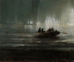 Polární záře nad čtyřmi muži ve veslici od Peder Balke