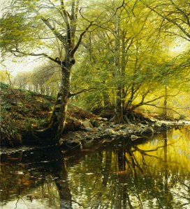 Zalesněná říční krajina od Peder Monsted