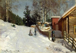 Děti si hrají na zasněžené vesnické ulici od Peder Monsted
