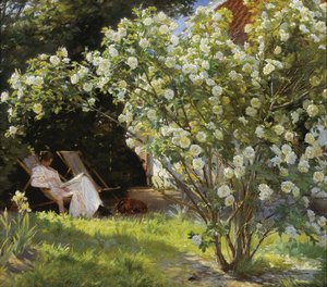 Růže. Marie Krøyer sedí na lehátku v zahradě u domu paní Bendsenové od Peder Severin Krøyer