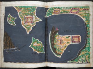 Plán Hormuzu z portugalského rukopisu Livro do Estado da India Oriental Pedra Barreta de Resende.