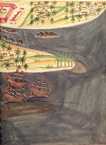 Sloane 197 f.182 Průzkumná mapa Suratu v indickém okrese Gujarat, ilustrace z „Historických účtů portugalských osad“