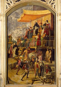 Inkvizice „“ Autodafe předsedá svatý Dominik de Guzman (1170-1221), zakladatel dominikánského řádu““ Malba na dřevě od Pedra Berruguete (1450-1504) 1495 Ne. 1,54x0,92 m Madrid, Musee du Prado