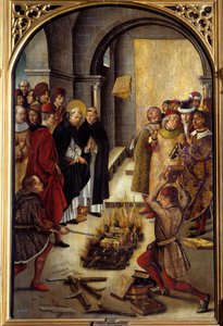 Svatý Dominique a Albigeois (Le Miracle des Fanjeaux): světec dává Albigees knihu vyvracející jejich kacířství a Albigeers se ji snaží spálit, ale neúspěšně. Obraz Pedro Berruguete (1450-1504). Slunce 16. století. 1,22 x 0,83 m Madrid,