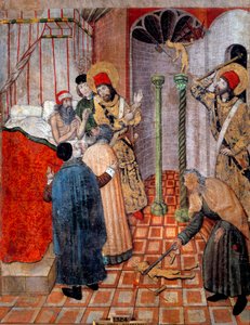 San Sebastian a Saint Polycarp ničí idoly. Kněz Polykarp a Sebastian u prefeta Říma (Chromace), který je požádal, aby ho varovali. Sebastien mu řekl, aby se nejprve vzdal svých idolů a dal mu svolení je zlomit. Obraz Pedro Garcia