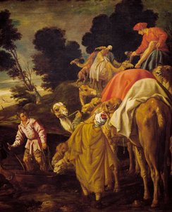 Karavana velbloudů, detail od Rebeccy nechala Eliezer pít u studny, obraz od Pedra Orrente (kolem 1580-1645), Španělsko