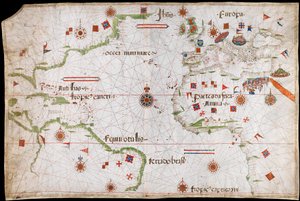 Mapa Atlantského oceánu, Středozemního a Černého moře, cca 1535 (pergamen, papír) od Pedro Reinel