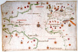 Portulánská mapa Atlantského oceánu, Středozemního a Černého moře, cca 1535 (pergamen, papír) od Pedro Reinel