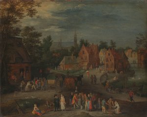 Vesnice s loutkářem bavícím malý dav lidí od Peeter (1621-91) Gijsels