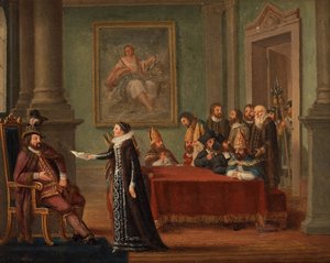 Christine Gyllenstierna (1494-1559) s dopisem o bezpečném chování, před dánským králem Kristiánem II. (1481-1559) - Christina Gyllenstierna s dopisem o bezpečném chování před Kristem II od Hillestroem, Pehr (1732-1816). Olej na plátně, velikost: 42 od Pehr Hilleström