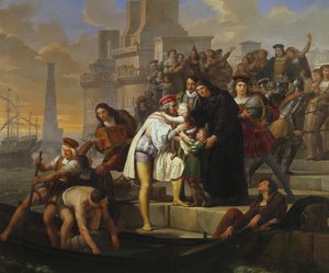 Christopher Columbus objímá své dva syny a doporučuje je otci Giovanni Perezovi, než odjede z Palos na cestu za poznáním Ameriky