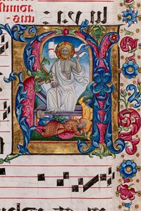 Knihovna Piccolomini: sborová kniha, cod. 101,7, násl. 14r se „Vzkříšením Krista“, od Pellegrina di Mariana. Detail.