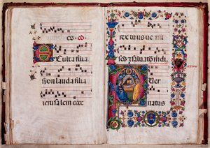 Knihovna Piccolomini: sborová kniha, treska. 102,8, násl. 47v-48r s „Narozením“, od Pellegrina di Mariana.